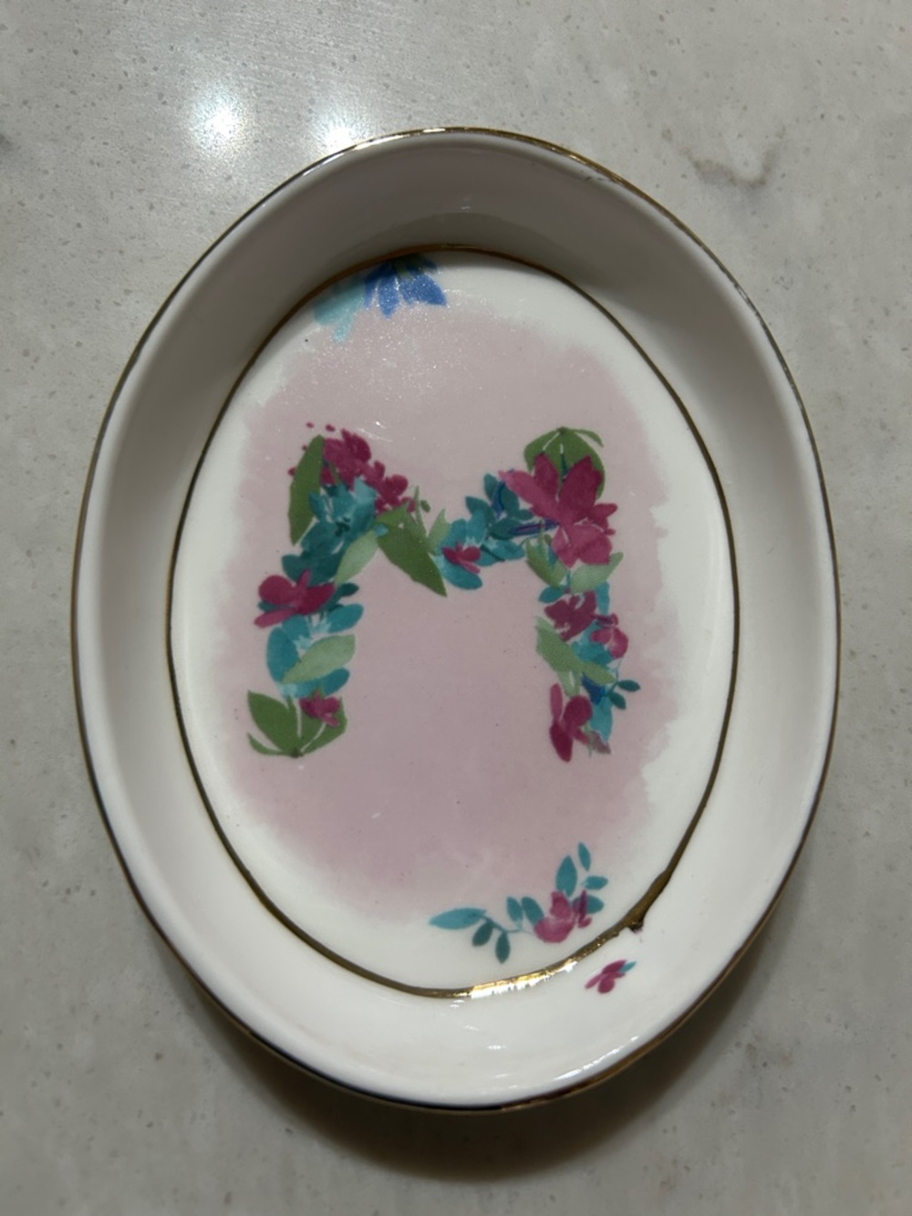 Anthropologie Floral Monogram “M”Trinket Dish – Gold Rimmed Ceramic